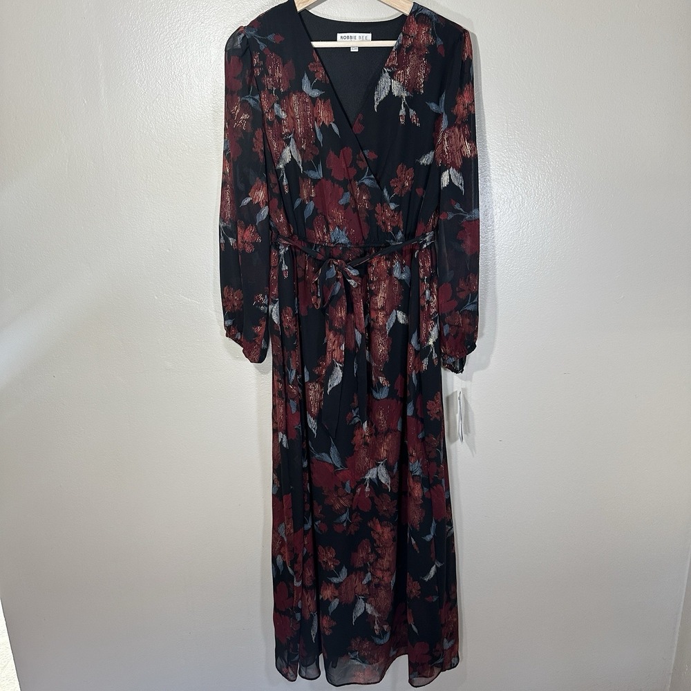Robbie Bee Women's 14P Maxi Dress Black Multi Floral Metallic Long Sleeve
